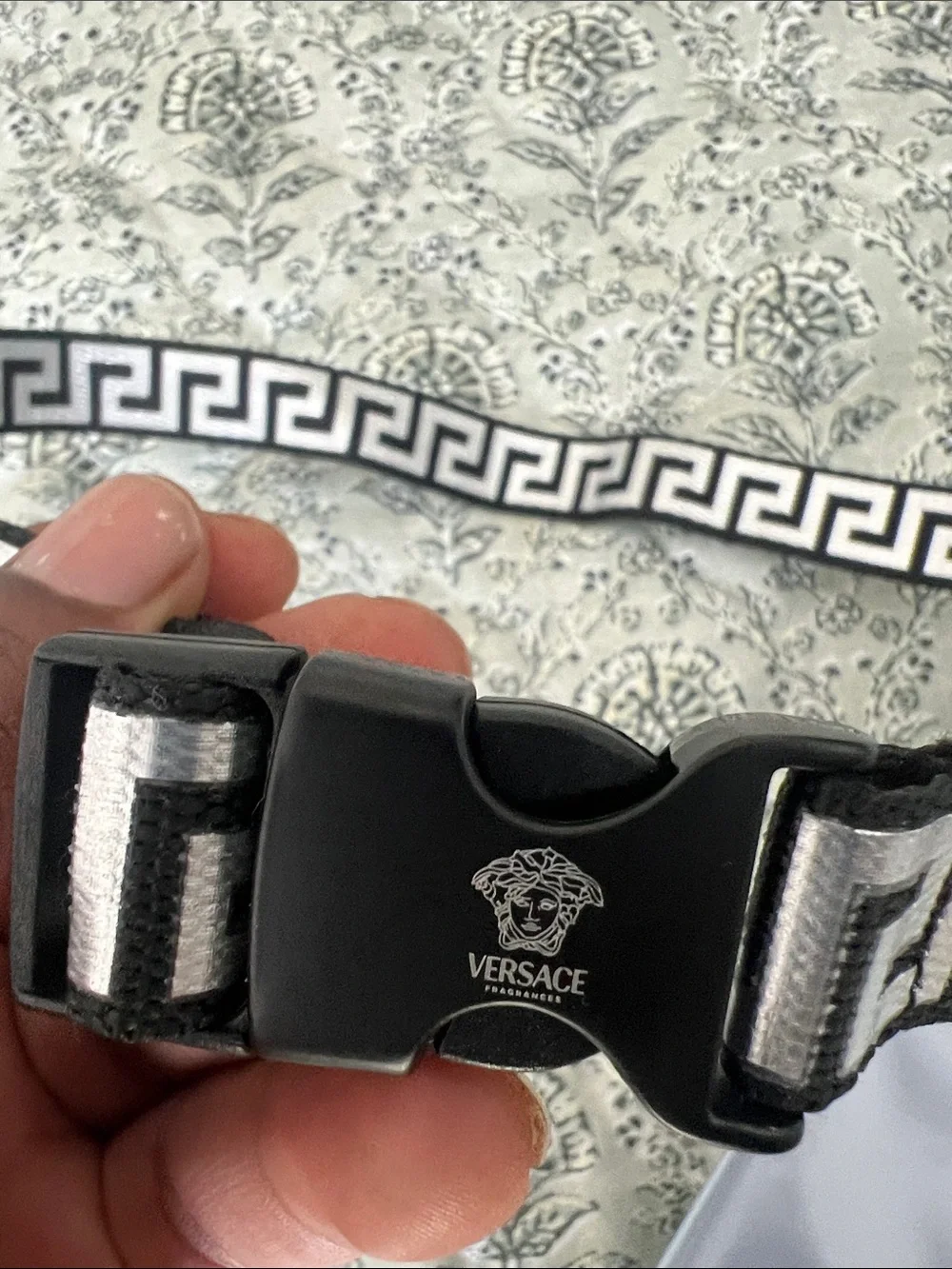 Versace Iridescent Silver Logo Belt Bag with Greek Key Strap